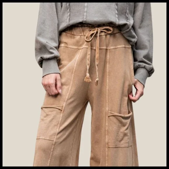 EASEL "Perfect Cargo" Terry Knit Mineral Washed Flared Leg Pants Raw Hem & Seams - Picture 13 of 15